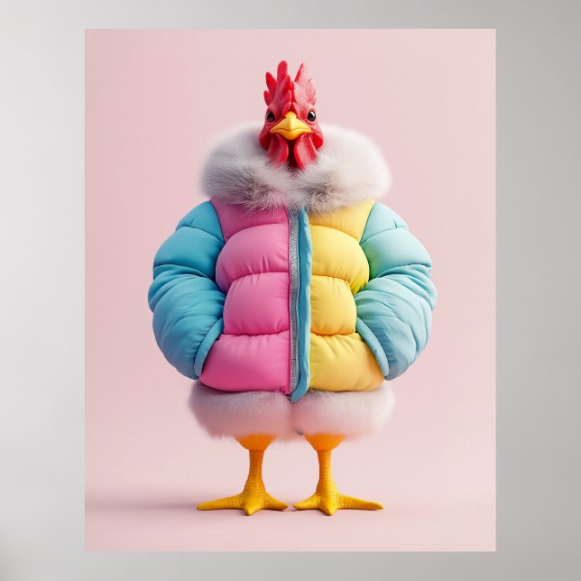 Stilvolles Huhn in farbenfroher Winterpuffer Jacke Poster (Vorne)