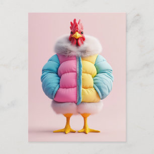 Stilvolles Huhn in farbenfroher Winterpuffer Jacke Postkarte