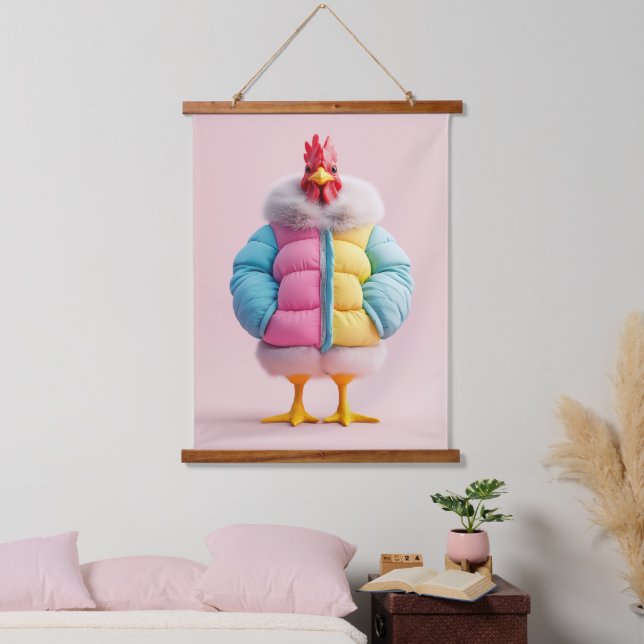 Stilvolles Huhn in farbenfroher Winterpuffer Jacke Wandteppich Mit Holzrahmen (Schlafzimmer)