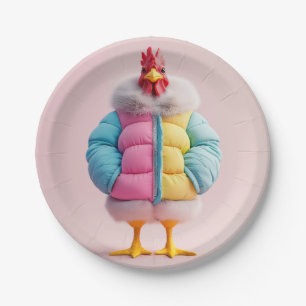 Stilvolles Huhn in farbenfroter Winter-Pufferjacke Pappteller