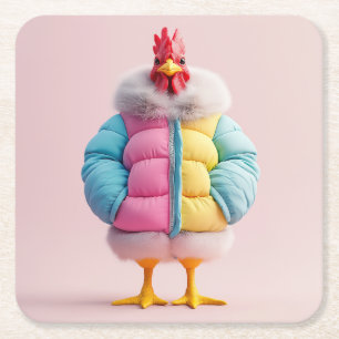 Stilvolles Huhn in farbenfroter Winter-Pufferjacke Rechteckiger Pappuntersetzer
