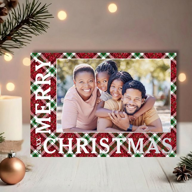 Stilvolles Kariertes Foto Folien Feiertagskarte (REAL SILVER FOIL Merry Christmas on sparkly plaid photo holiday greeting cards)