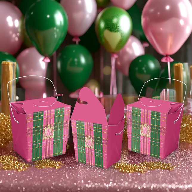 Stilvolles Kariertes Rosa und grünes Gold Wappen Geschenkschachtel (Beautiful Festive Pink and Green Plaid Monogrammed Favor Boxes )