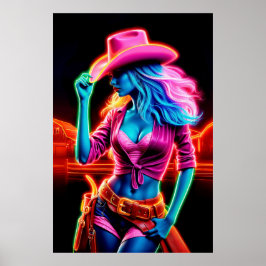 Stilvolles, lebendiges Cowgirl mit Retro-Neonbeleu Poster