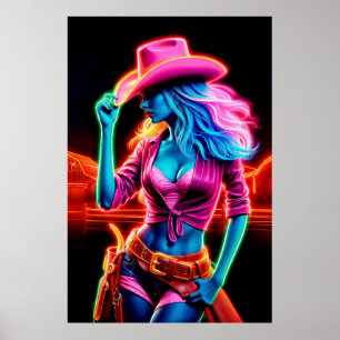 Stilvolles, lebendiges Cowgirl mit Retro-Neonbeleu Poster