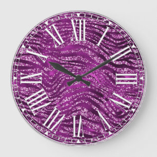 Stilvolles lila Glitter-Wild-Tiger-Streifenmuster Große Wanduhr