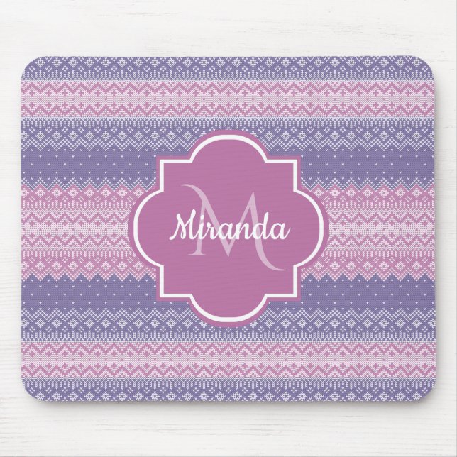 Stilvolles Lila Strick-Muster mit Monogramm und Na Mousepad (Vorne)