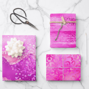 Stilvolles Magenta-Rosa-Glitter und Folien-Glamour Geschenkpapier Set
