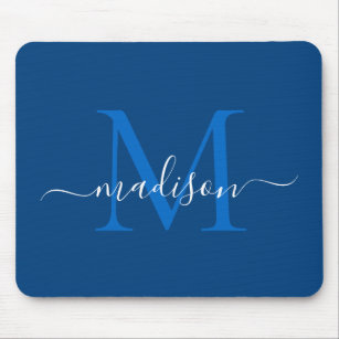 Stilvolles Marine-Blau-weißes Monogramm-Skript Mousepad