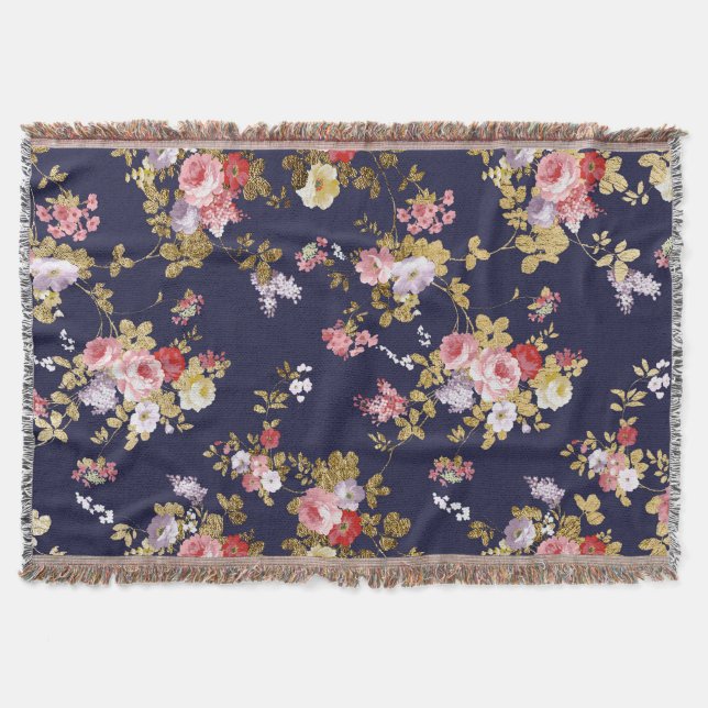 Stilvolles Marineblau-Rosagoldboho mit Blumen Decke (Vorderseite)