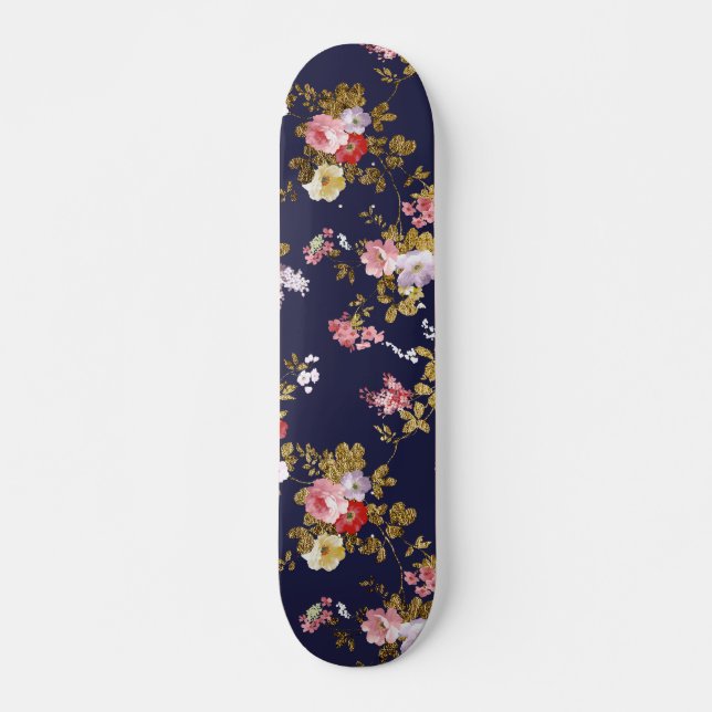 Stilvolles Marineblau-Rosagoldboho mit Blumen Skateboard (Vorne)