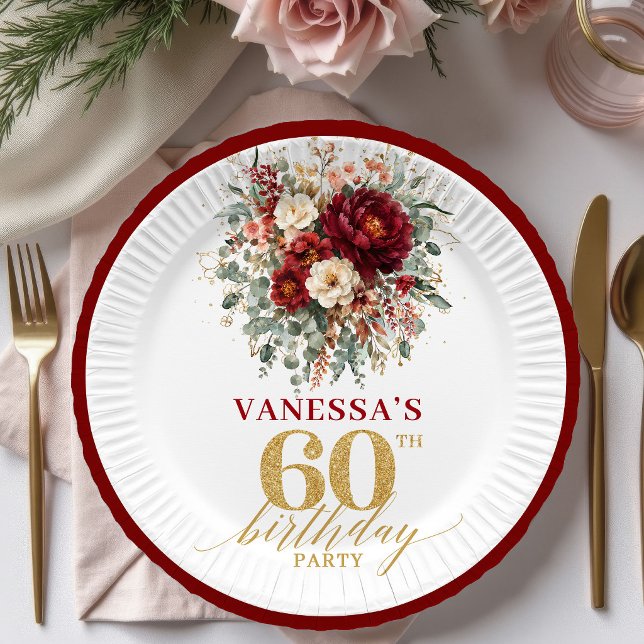 Stilvolles Marsala Gold Herbst 60. Geburtstag Papi Pappteller (Stylish Marsala Gold Autumn 60th Birthday Paper Plates

)