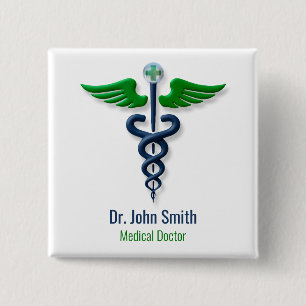 Stilvolles Medical Caduceus Green Blue Wings Cross Button