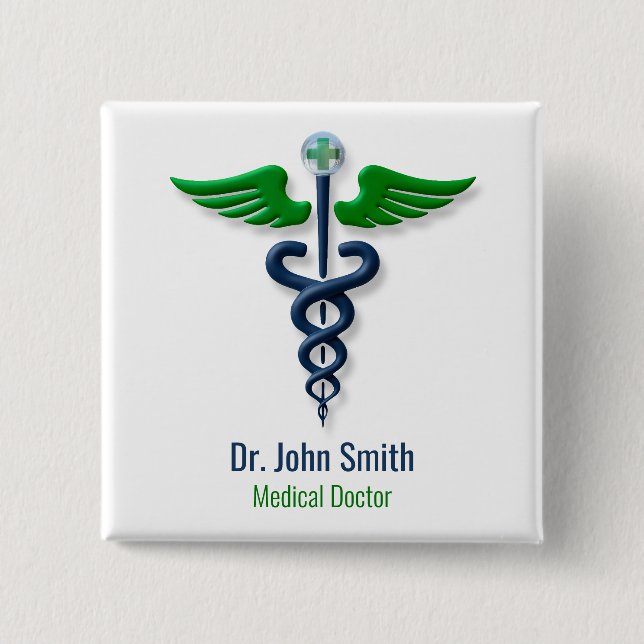 Stilvolles Medical Caduceus Green Blue Wings Cross Button (Vorderseite)