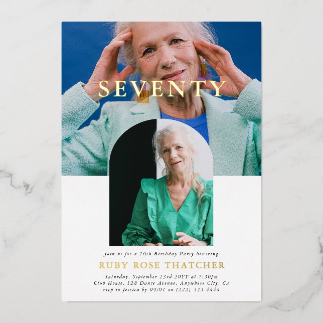 Stilvolles Minimal Foto 70. Geburtstag Folieneinladung (Vorderseite)