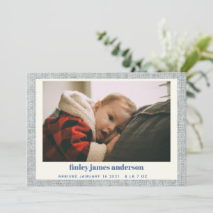 Stilvolles, modernes Blue Gray Linen Baby Foto Bir Ankündigung