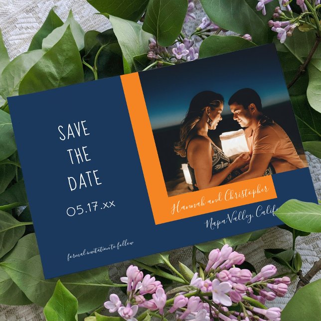 Stilvolles, modernes Blue Orange Foto Simple Weddi Save The Date (Von Creator hochgeladen)