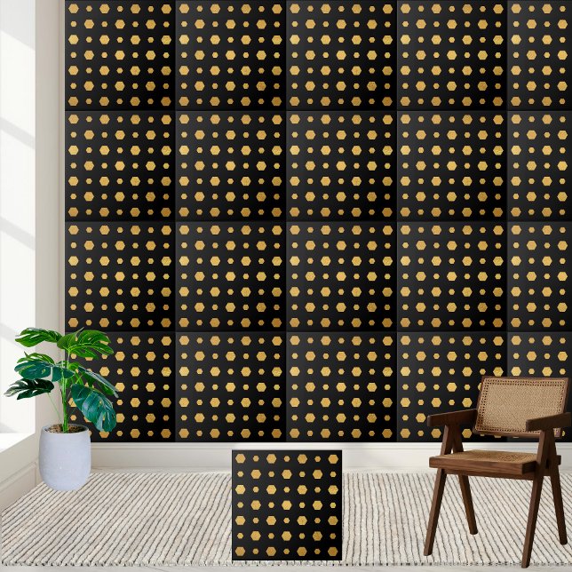 Stilvolles, modernes Schwarz-Gold Geometrisches He Fliese (Stylish Modern Black and Gold Geometric Hexagon Ceramic Tile)