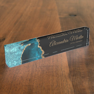 Stilvolles modernes Teal-Schwarz-Gold-Glitter-Scri Namensplakette
