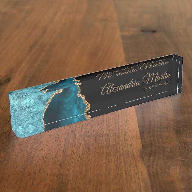 Stilvolles modernes Teal-Schwarz-Gold-Glitter-Scri Namensplakette (Seite)