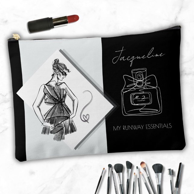 Stilvolles monochromes Parfüm-Modedesign Zubehörtasche (Personalized monochrome fashion sketch makeup bag with perfume bottle line art.)