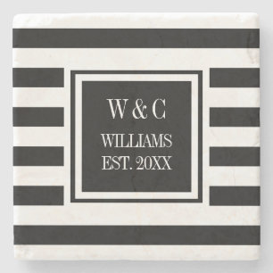 Stilvolles Monogramm Schwarz Weiß Streifen Steinuntersetzer
