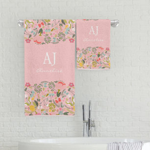 Stilvolles, monogrammiertes, Mädchenhaftes, rosa, Badhandtuch Set