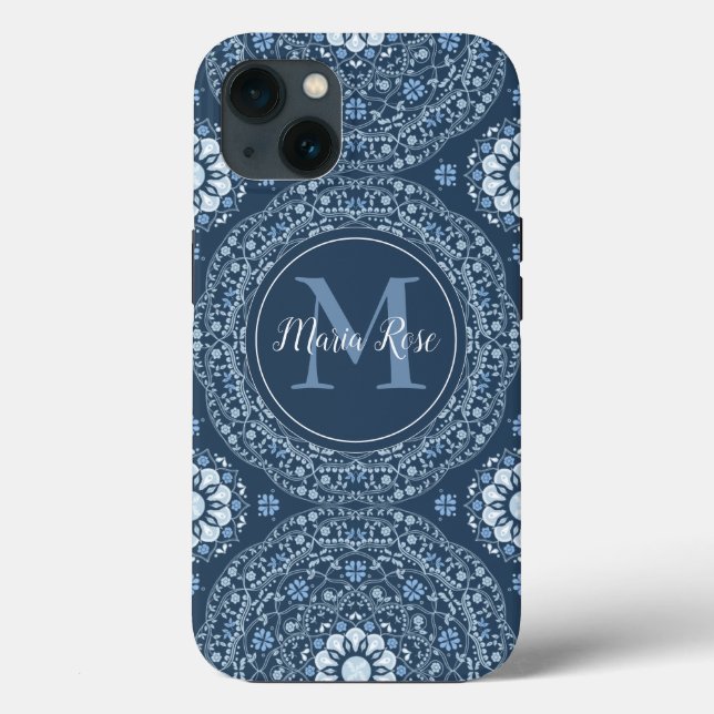 Stilvolles Navy Blue Mandala Modernes Monogramm Case-Mate iPhone Hülle (Rückseite)