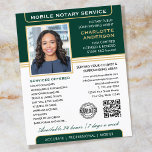 Stilvolles Notar Service Foto Grün Gold Flyer<br><div class="desc">Attraktieren Sie mehr Kunden mit diesen klassischen Notary Public Business Flyer. Eine stilvolle Vorlage, die mit Ihrem Foto, Namen, Details, QR-Code und einem Logo oder Akkreditierungssymbol personalisiert ist. Business Flyer sind ein effektiver Weg, um Ihr Geschäft zu fördern und Ihre Notare zu werben. Ein effektiver Weg, um Ihr Geschäft zu...</div>