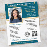 Stilvolles Notary Service Foto Aquamarin Gold Flyer<br><div class="desc">Mit diesen klassischen "Mobile Notary Service" Business Flyern können Sie mehr Kunden gewinnen. Eine stilvolle Vorlage, die mit Ihrem Foto, Namen, Details, QR-Code und einem Logo oder Akkreditierungssymbol personalisiert ist. Text und Bilder können angepasst oder gelöscht werden, sodass Sie die gewollt Informationen einschließen können. Fügen Sie einfach Ihre Web-URL hinzu...</div>