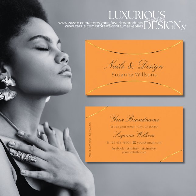 Stilvolles Orange mit glänzenden Gold-Dekorationen Visitenkarte (Von Creator hochgeladen)