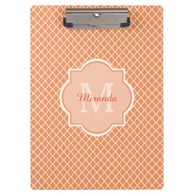 Stilvolles Orange Quatrefolienmonogramm mit Name Klemmbrett (Vorderseite)