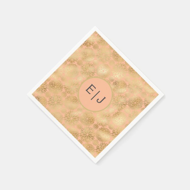 Stilvolles Peach & Gold Dahlias Muster Monogramm Serviette (Ecke)