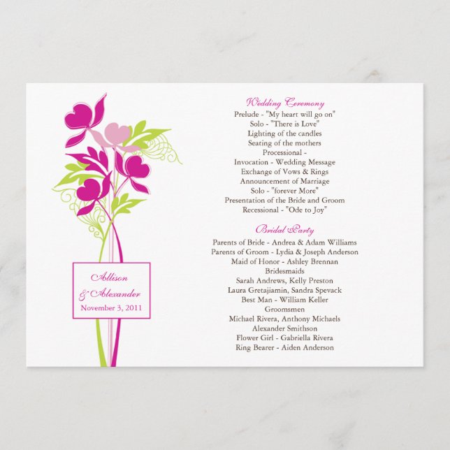 Stilvolles Pink & Green Bouquet Hochzeitsprogramm Programm (Vorderseite)