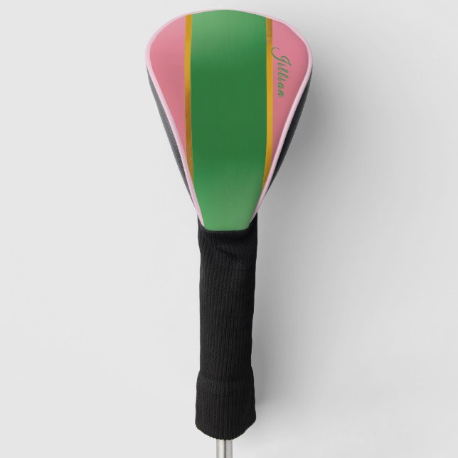 Stilvolles Pink Grün Monogramm Preppy Golf Headcover (Vorderseite)