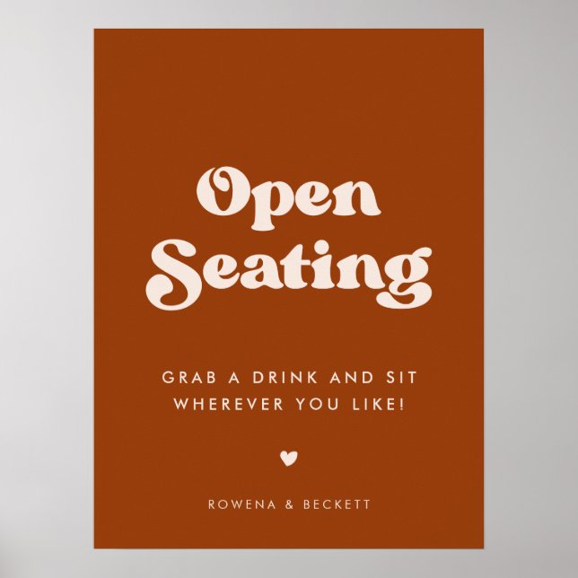 Stilvolles Retro Burnt Orange Open Seating Wedding Poster (Vorne)