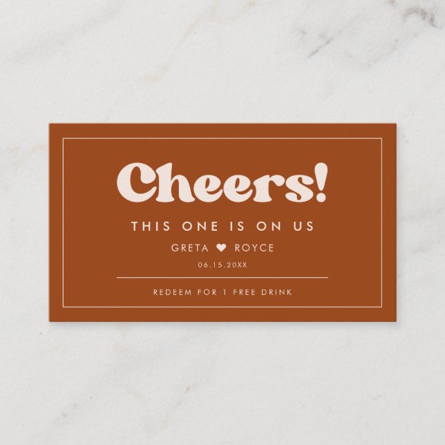 Stilvolles Retro Burnt Orange Wedding Drink Ticket (Vorderseite)