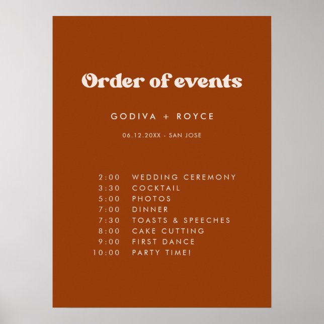 Stilvolles Retro Burnt Orange Wedding Order of eve Poster (Vorne)