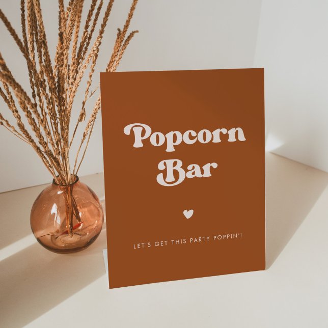 Stilvolles Retro Burnt Orange Wedding Popcorn Bar Sockelschild (Von Creator hochgeladen)
