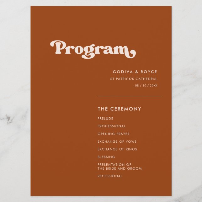 Stilvolles Retro-Orangenhochzeitprogramm Programm (Vorderseite)