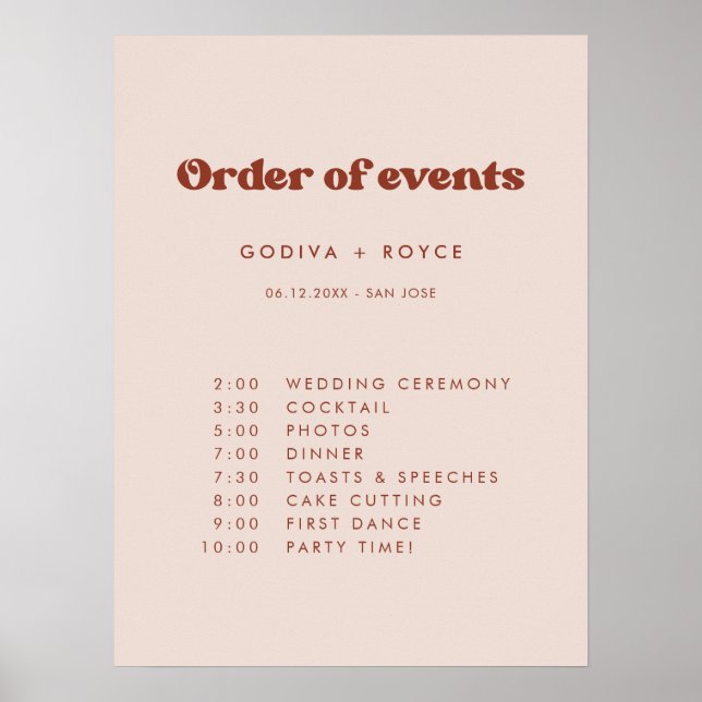 Stilvolles Retro Peach Pink Wedding Order of event Poster (Vorne)