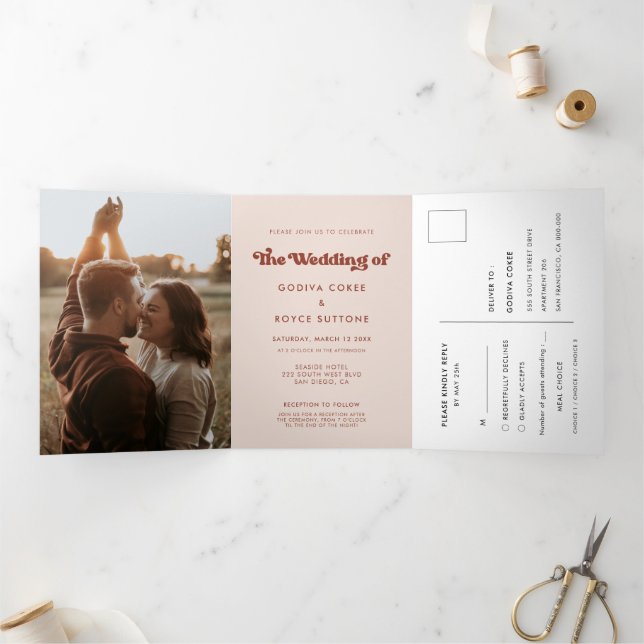 Stilvolles Retro-pfirsichrosa All-in-One-Foto Dreifach Gefaltete Einladung (Innenseite)