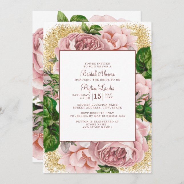 Stilvolles Rosa Blume Gold Glitzer Brautparty Einladung (Vorne/Hinten)