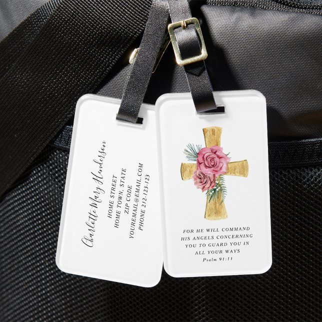 Stilvolles Rosa Blumenkreuz Gepäckanhänger (Religious Floral Cross Psalm 91:11 Bible Verse Luggage Tag)