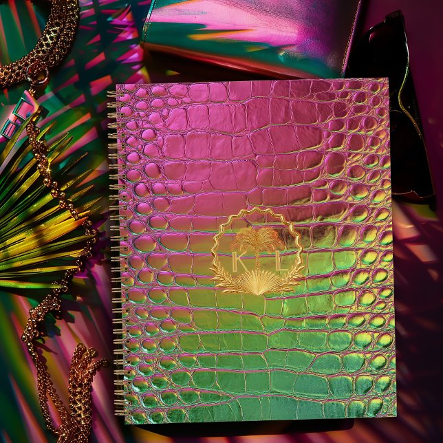 Stilvolles Rosa Grün Irisierendes Croc Monogramm Notizbuch (Chic Luxe Monogrammed Pink and Green Iridescent Notebook, Glossy Paper Cover/shown or Matte finish)