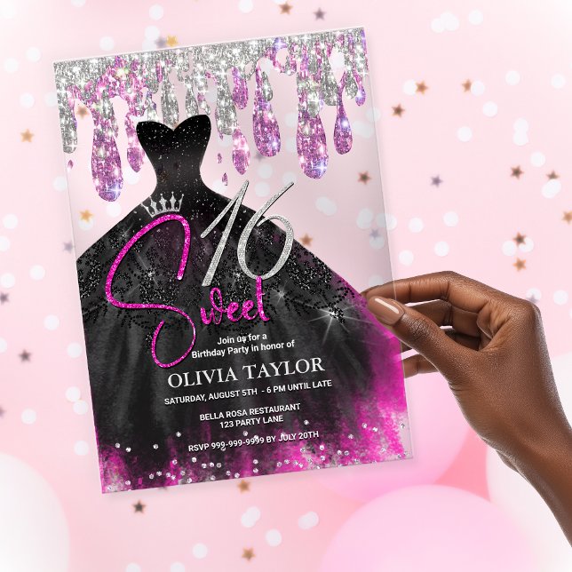 Stilvolles, rosa schwarzes Kleid süß 16 Monogramm Acryleinladungen (Von Creator hochgeladen)