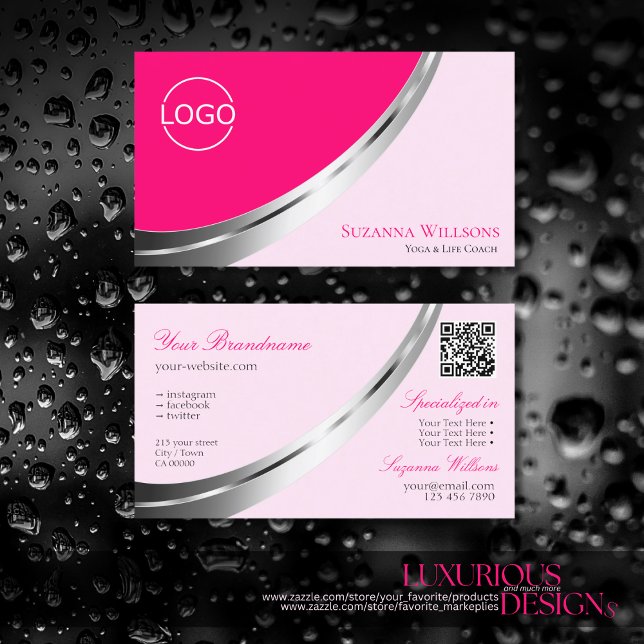 Stilvolles rosa Silber-Dekor mit Logo und QR-Code Visitenkarte (Von Creator hochgeladen)