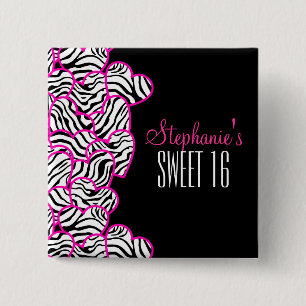 Stilvolles Rosa Sweet 16 Zebrastreifen-Herz-Design Button