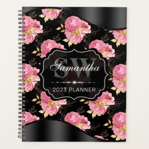 Stilvolles rosa und schwarzes shabby-chic Blumenmo Planer