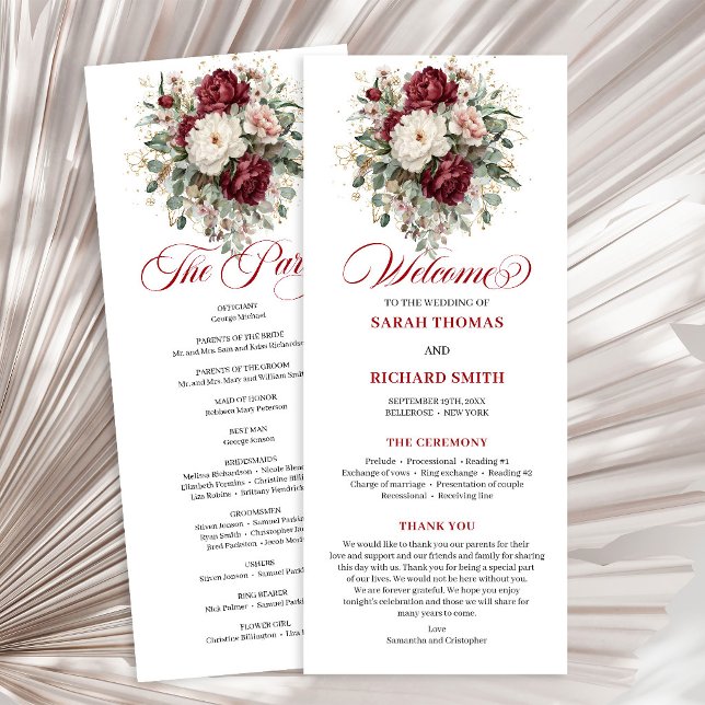 Stilvolles Rosé-Burgunder-Grün-Hochzeitsprogramm Programm (Vintage Blush Burgundy Floral Wedding Program)